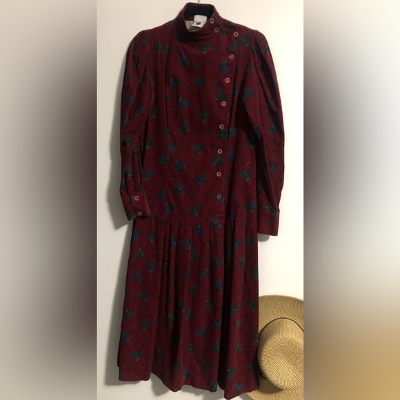 Laura Ashley Dresses & Skirts - LauraAshleyVINTAGE CORDUROY Drop Waist FLORAL DRESS Button Sz10 Maroon/Teal EUC